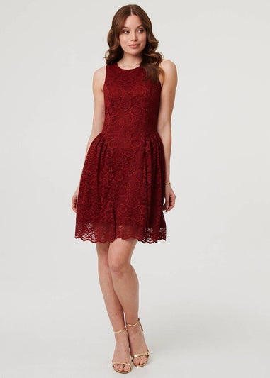 Izabel London Burgundy Lace Layer Sleeveless Short Skater Dress