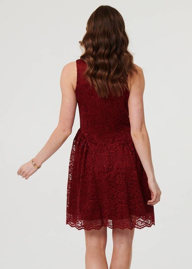 Izabel London Burgundy Lace Layer Sleeveless Short Skater Dress