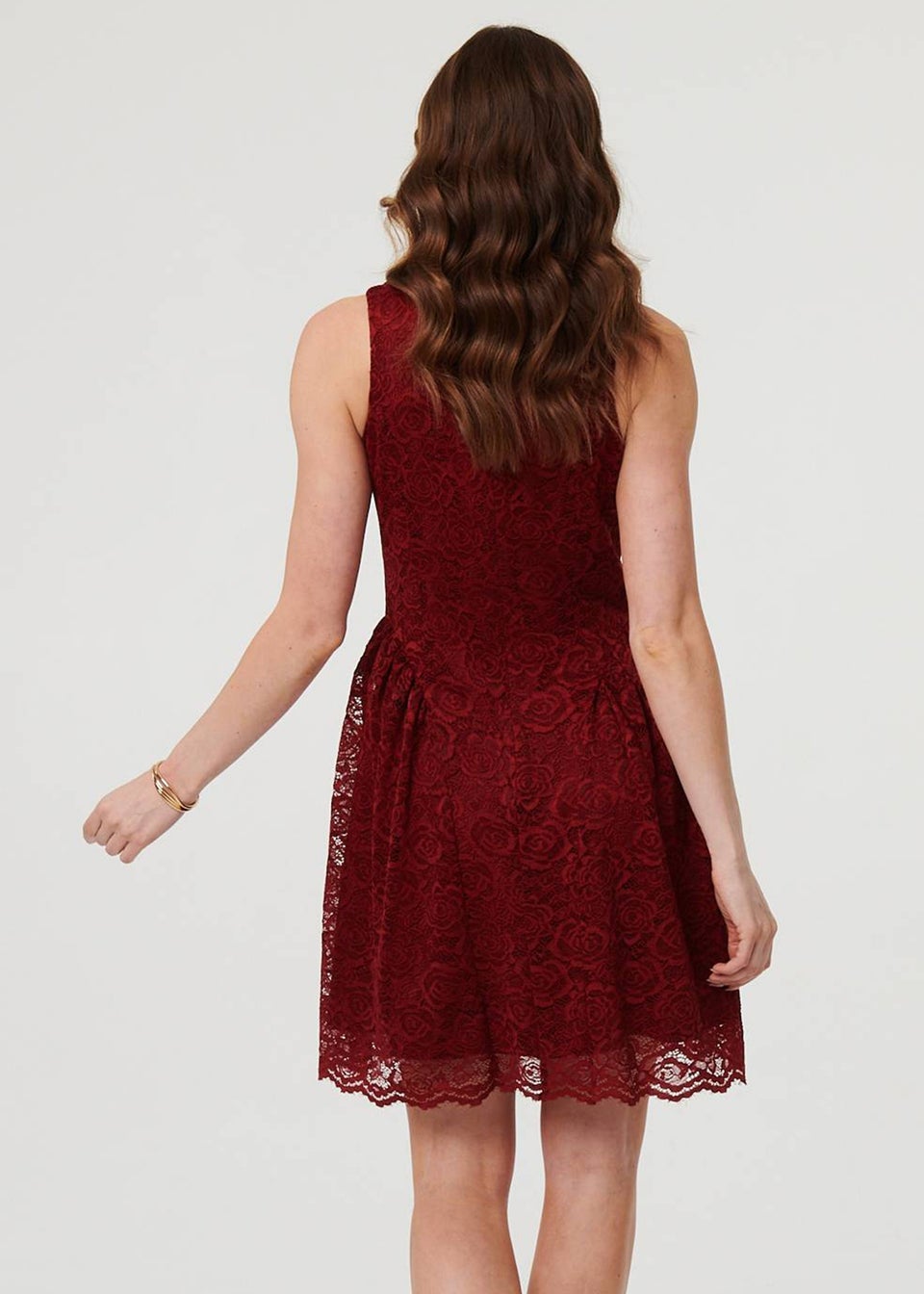 Izabel London Burgundy Lace Layer Sleeveless Short Skater Dress