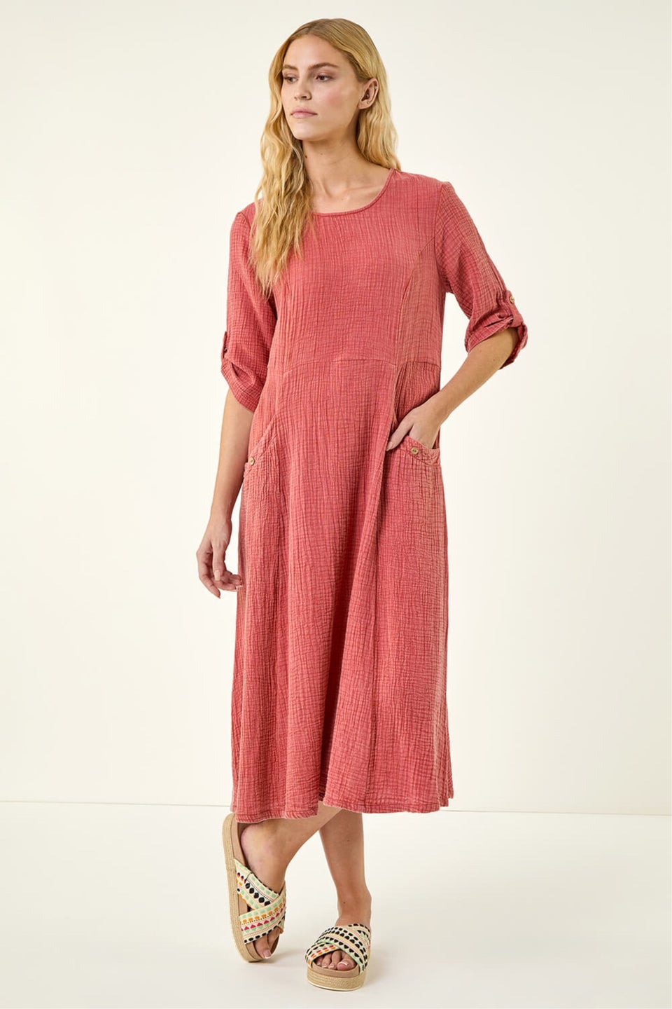 Roman Red Textured A-Line Midi Dress