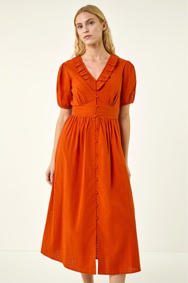 Roman Orange Textured Frill Midi Dress
