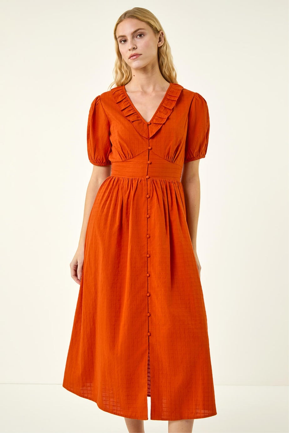 Roman Orange Textured Frill Midi Dress