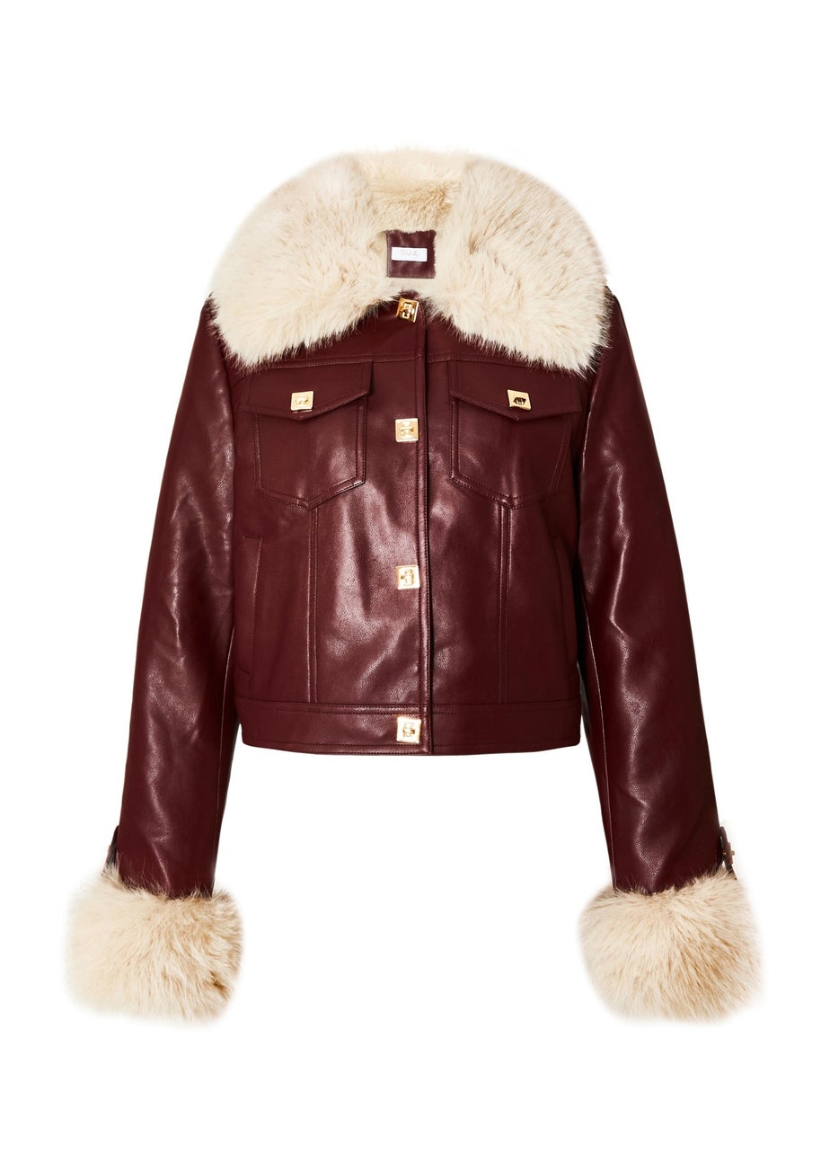 Quiz Burgundy Faux Fur Button Detail Jacket