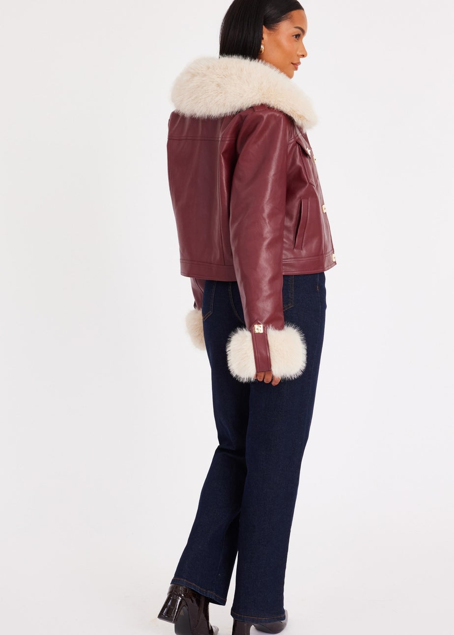 Quiz Burgundy Faux Fur Button Detail Jacket
