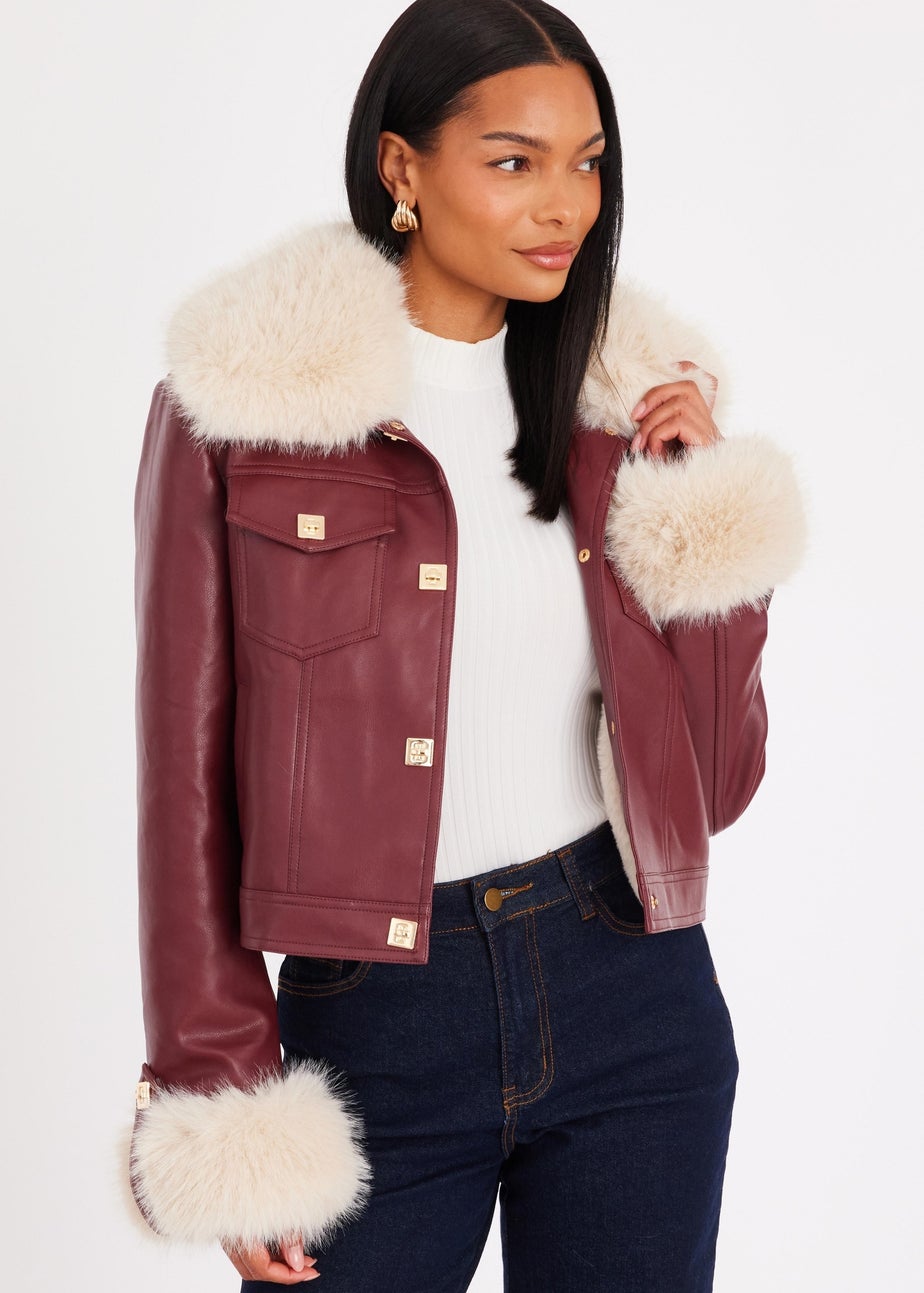 Quiz Burgundy Faux Fur Button Detail Jacket