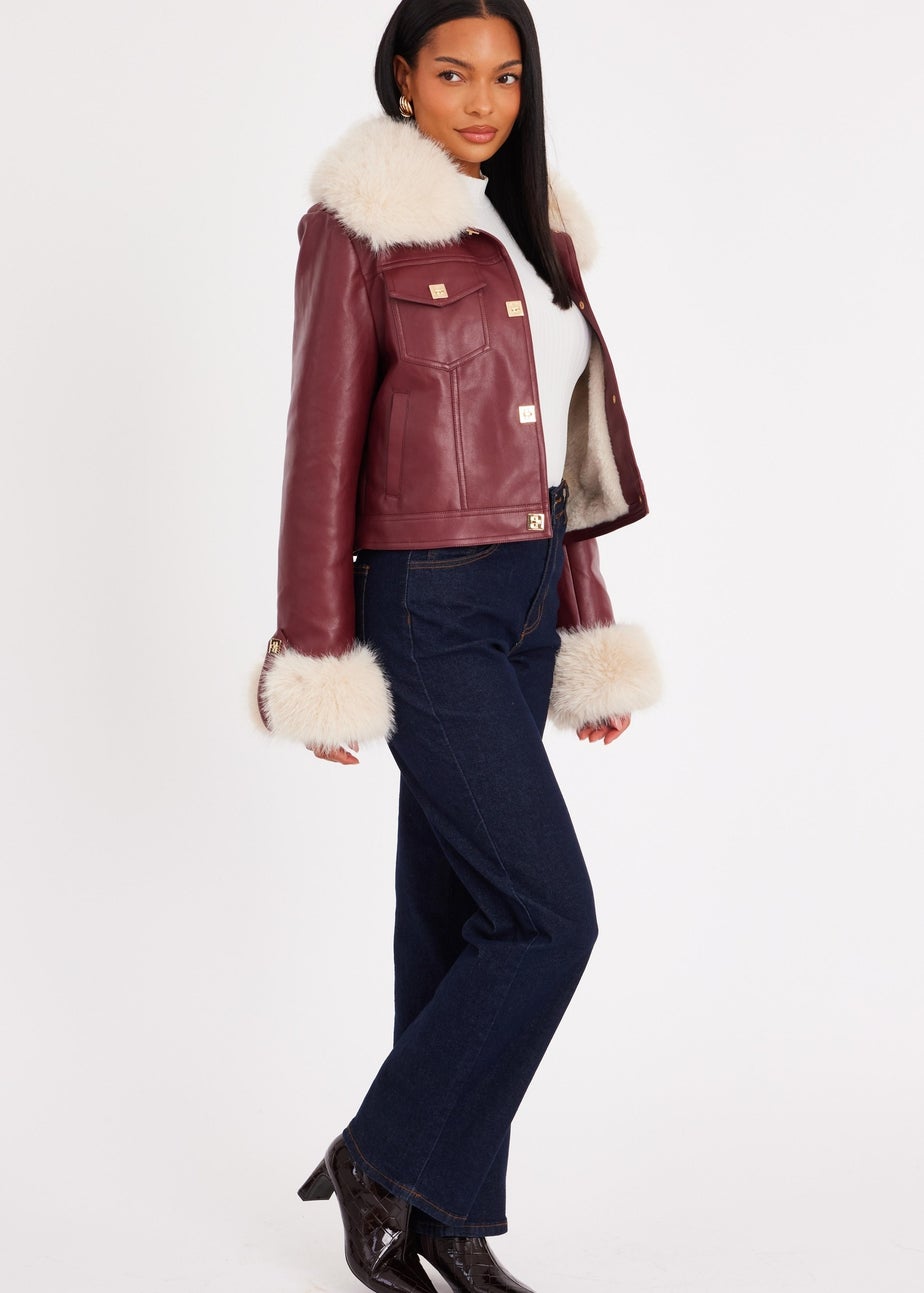 Quiz Burgundy Faux Fur Button Detail Jacket