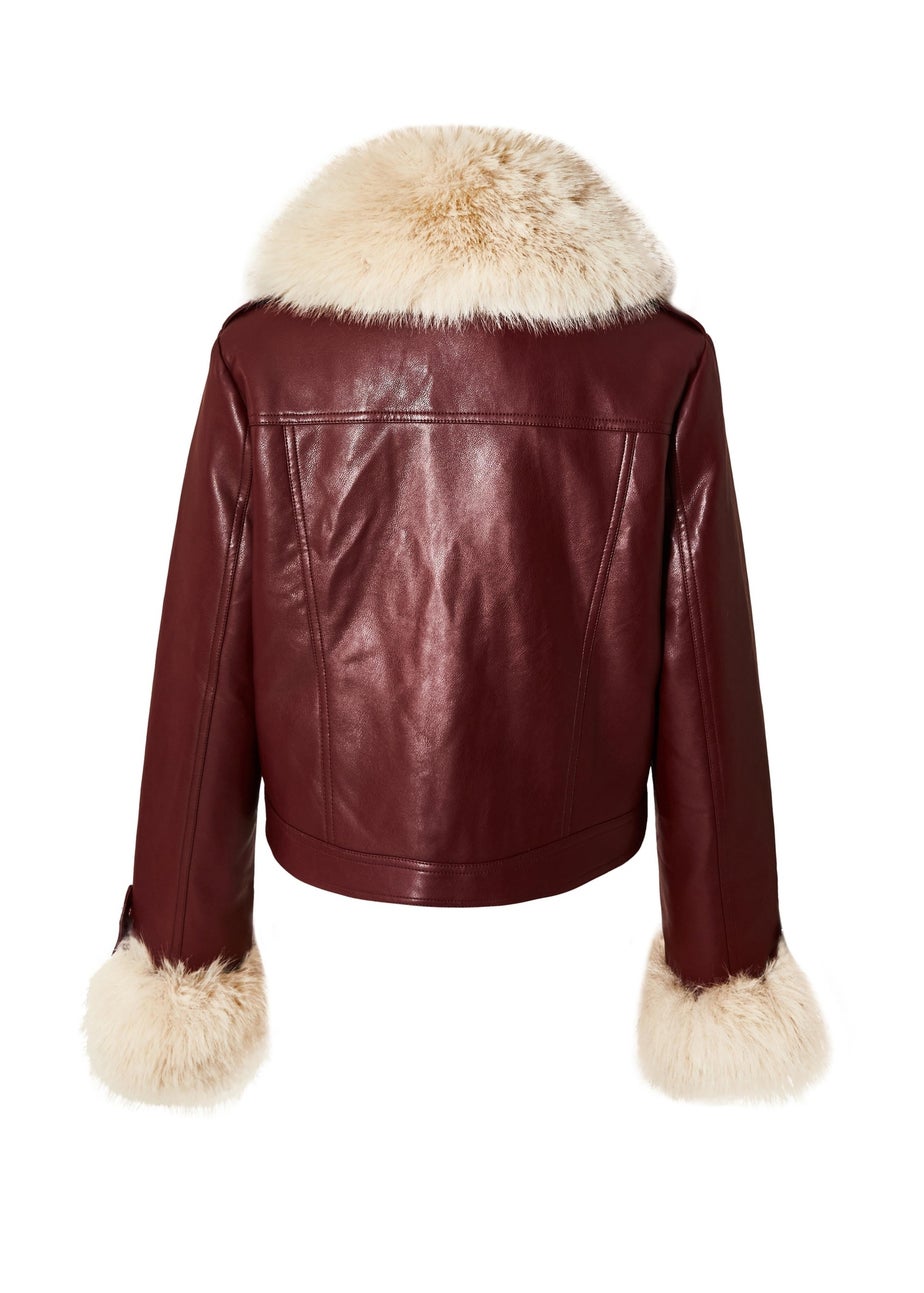 Quiz Burgundy Faux Fur Button Detail Jacket
