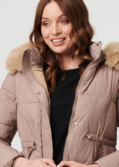 Izabel London Beige Faux Fur Trim Hood Puffer Jacket