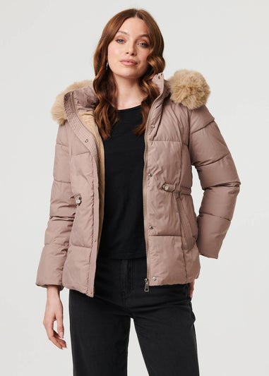 Izabel London Beige Faux Fur Trim Hood Puffer Jacket