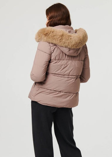 Izabel London Beige Faux Fur Trim Hood Puffer Jacket