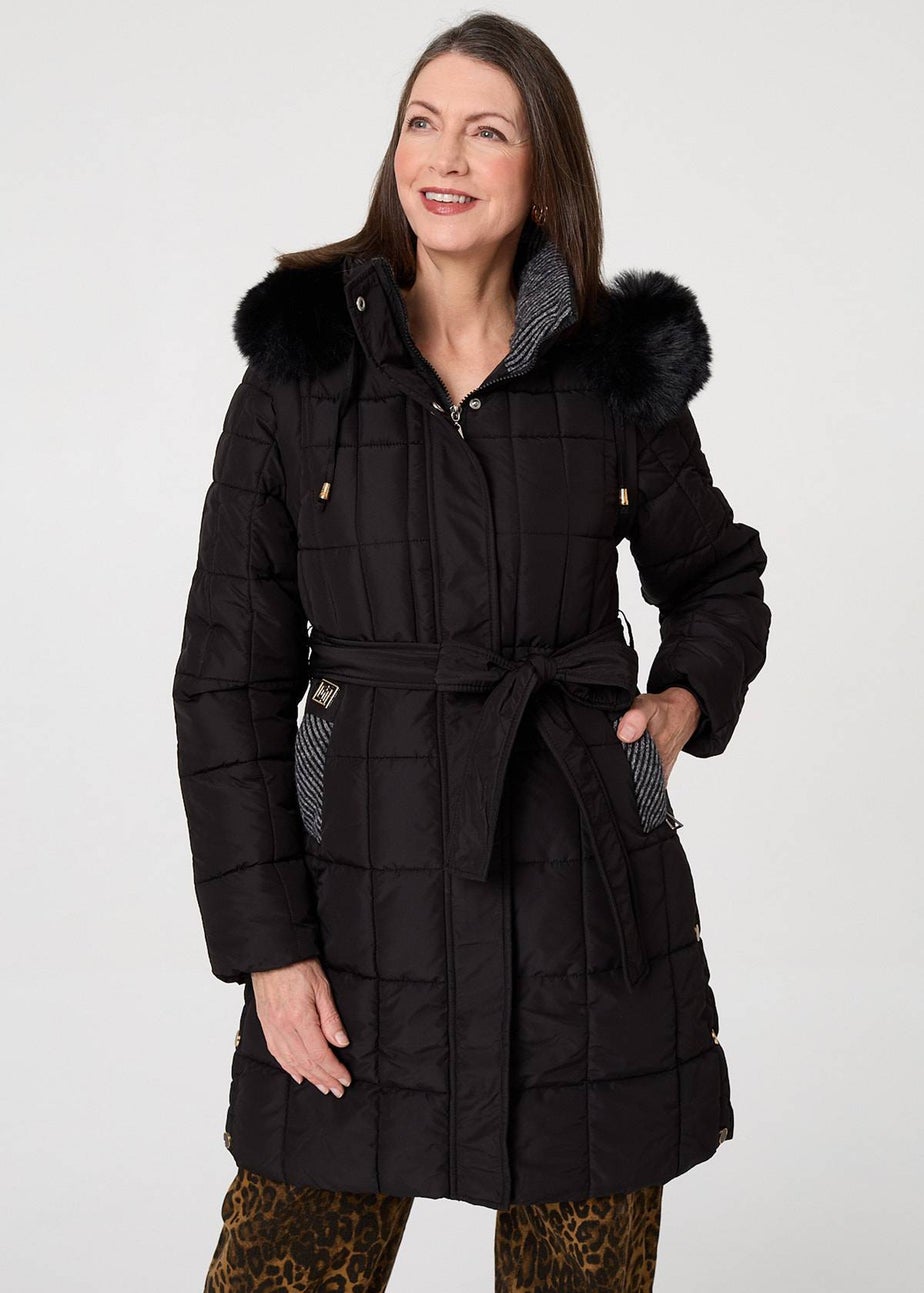 Izabel London Black Faux Fur Hood Textured Puffer Jacket