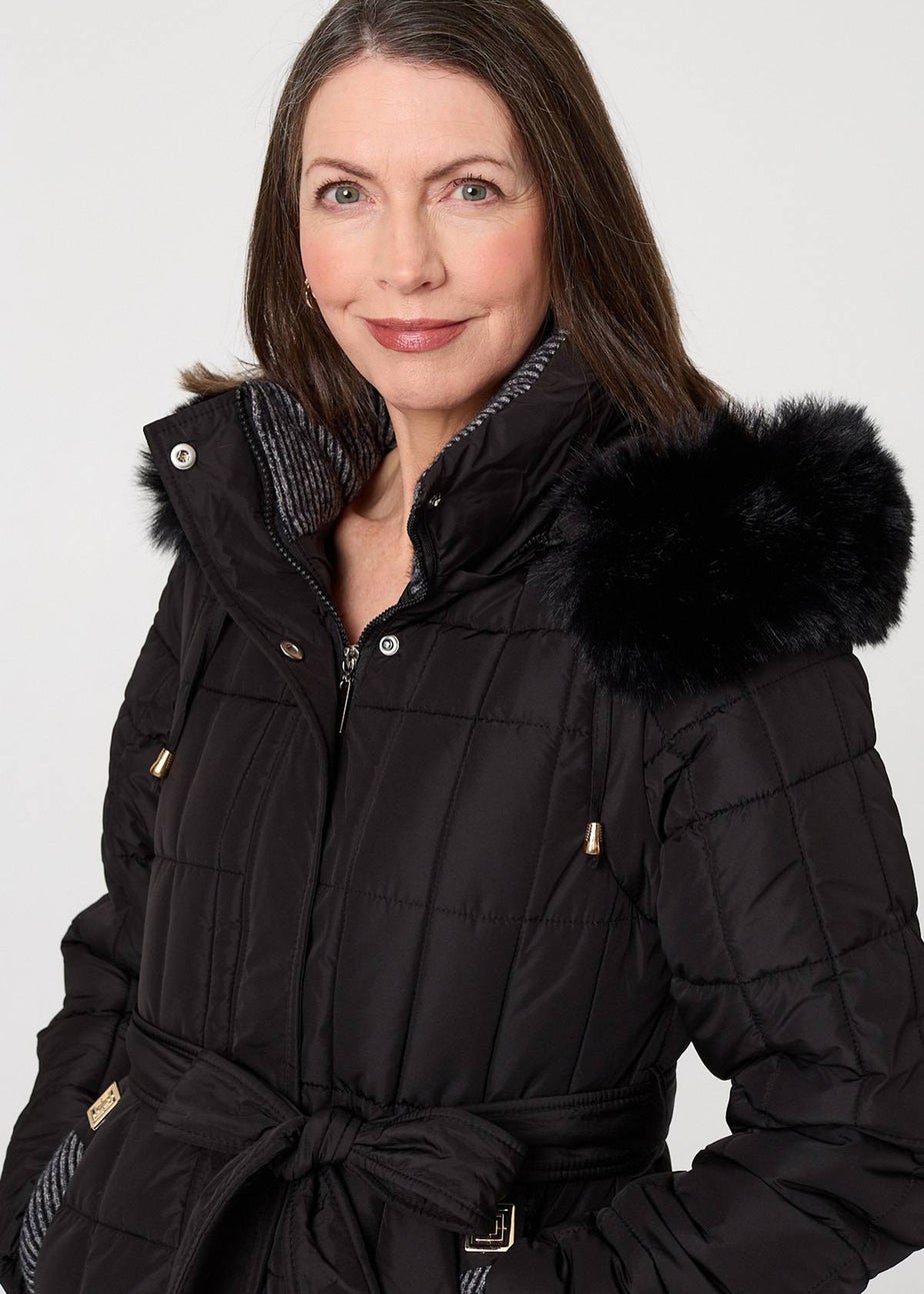 Izabel London Black Faux Fur Hood Textured Puffer Jacket