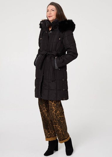 Izabel London Black Faux Fur Hood Textured Puffer Jacket