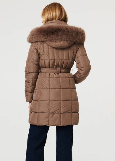 Izabel London Khaki Faux Fur Hood Textured Puffer Jacket