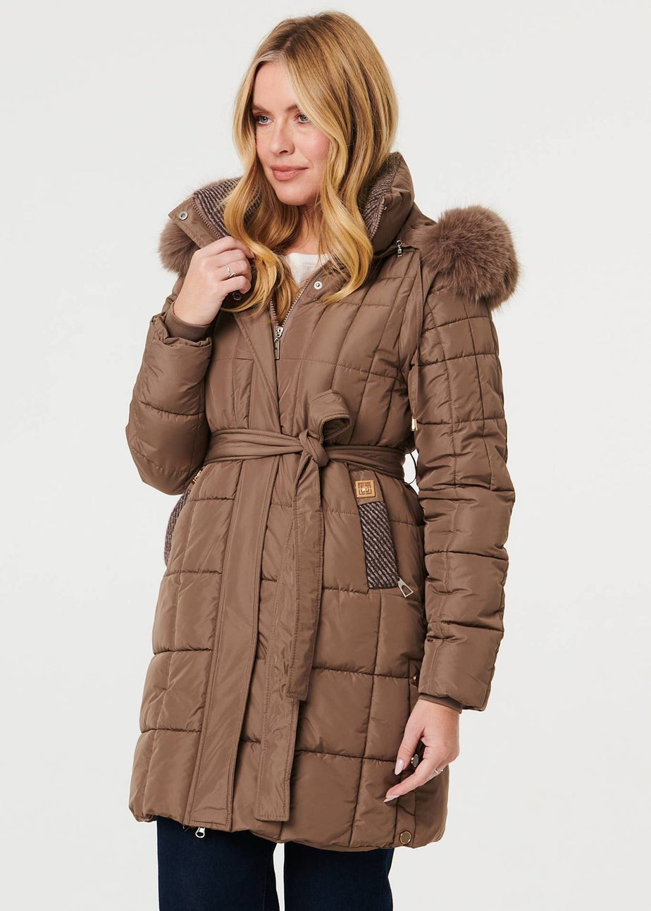 Izabel London Khaki Faux Fur Hood Textured Puffer Jacket