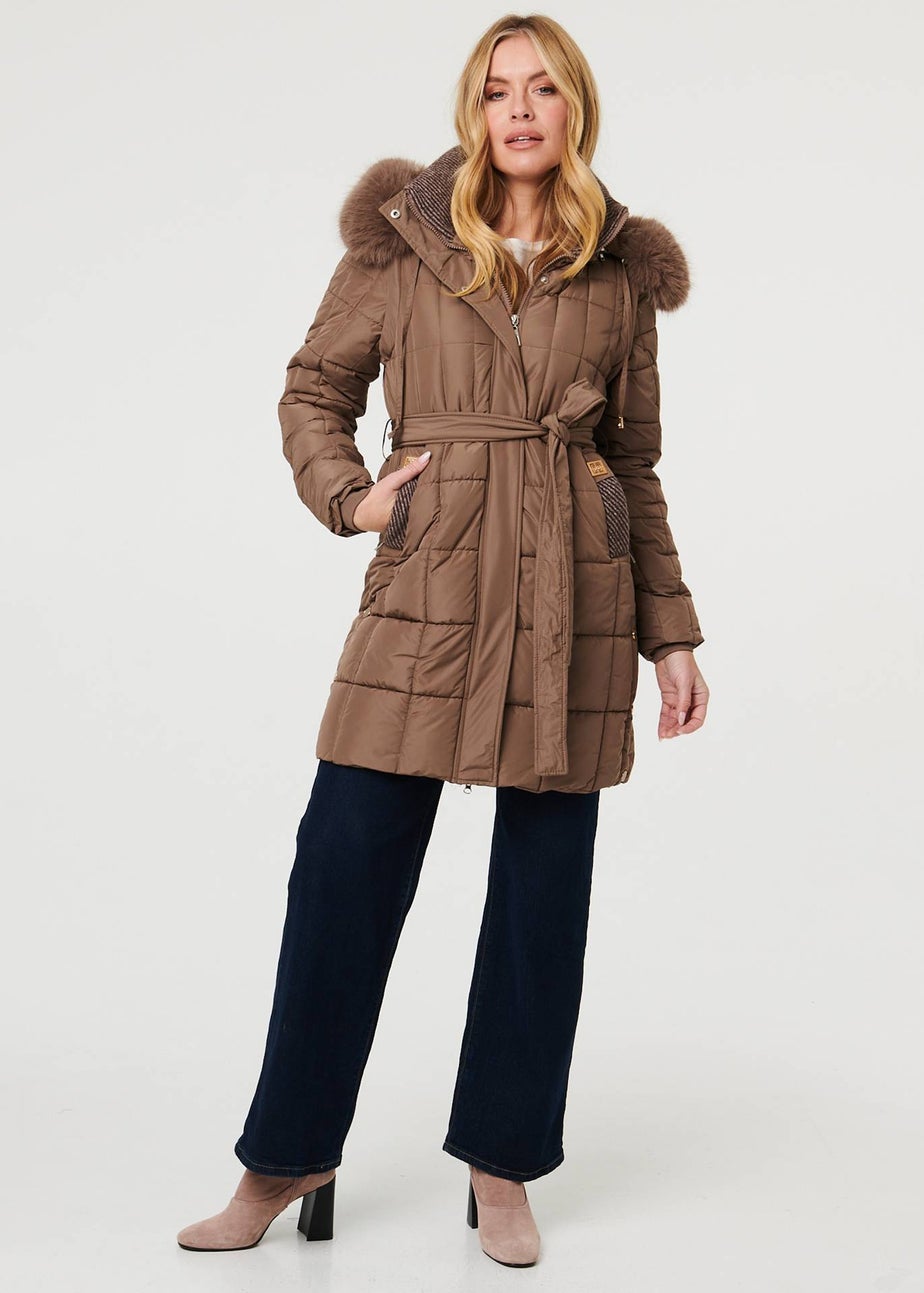 Izabel London Khaki Faux Fur Hood Textured Puffer Jacket