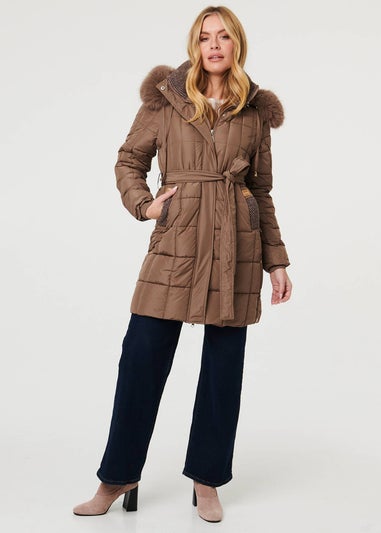 Izabel London Khaki Faux Fur Hood Textured Puffer Jacket