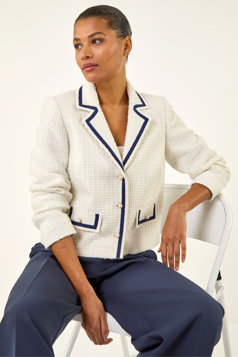 Roman Ivory Boucle Contrast Tape Jacket