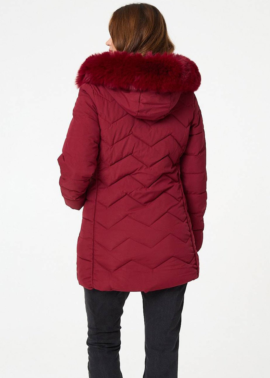 Izabel London Red Faux Fur Hood Thigh Length Puffer Jacket