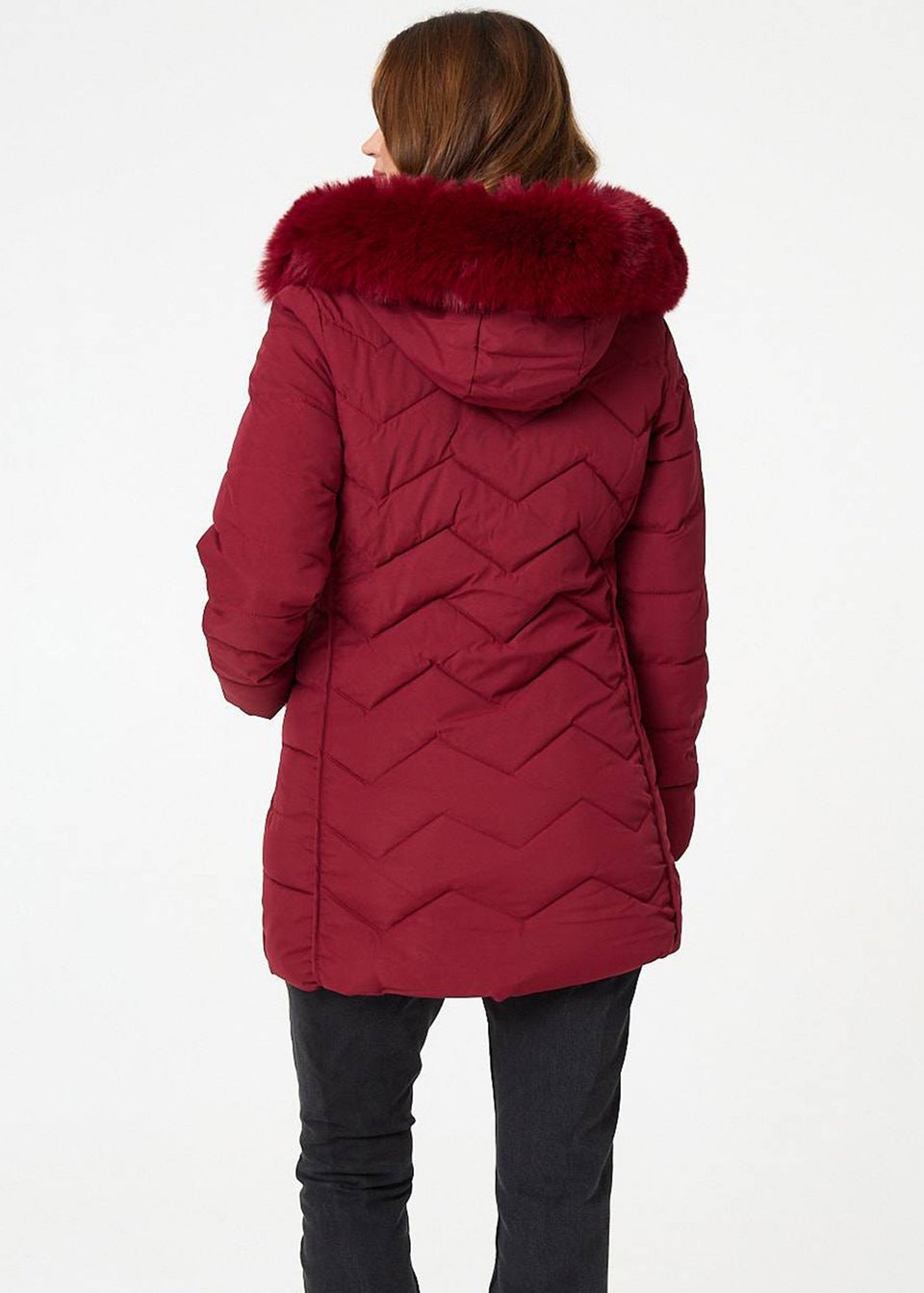 Izabel London Red Faux Fur Hood Thigh Length Puffer Jacket