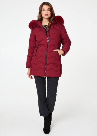 Izabel London Red Faux Fur Hood Thigh Length Puffer Jacket