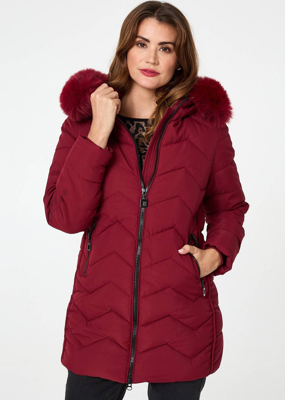 Izabel London Red Faux Fur Hood Thigh Length Puffer Jacket