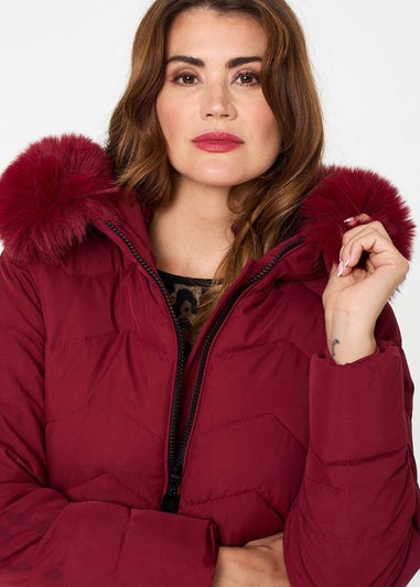 Izabel London Red Faux Fur Hood Thigh Length Puffer Jacket