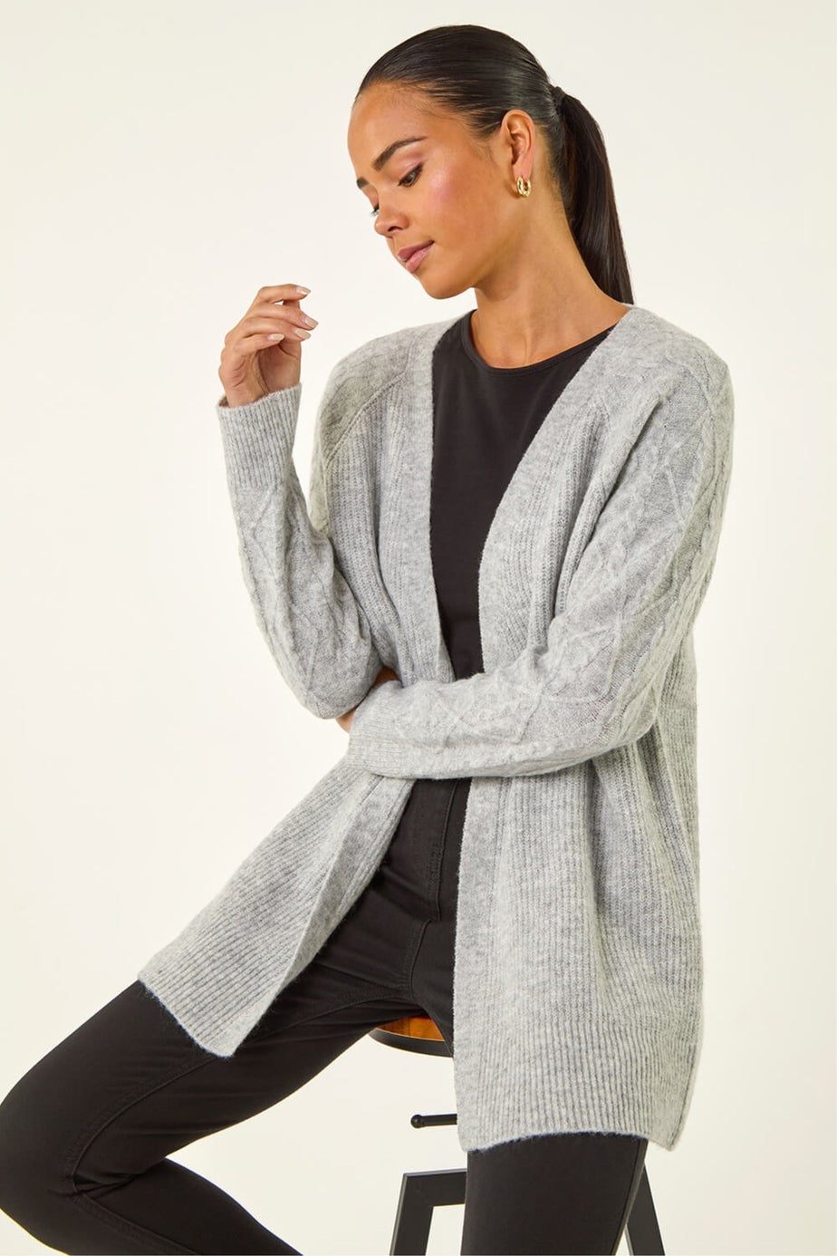 Roman Grey Petie Contrast Cable Knit Cardigan