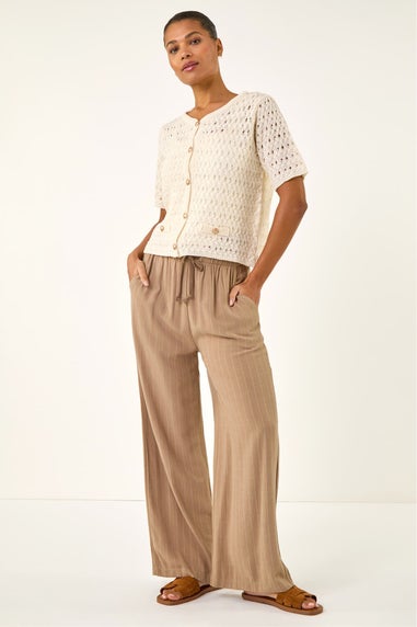 Roman Ivory Pointelle V-Neck Knit Cardigan