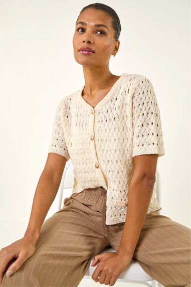 Roman Ivory Pointelle V-Neck Knit Cardigan