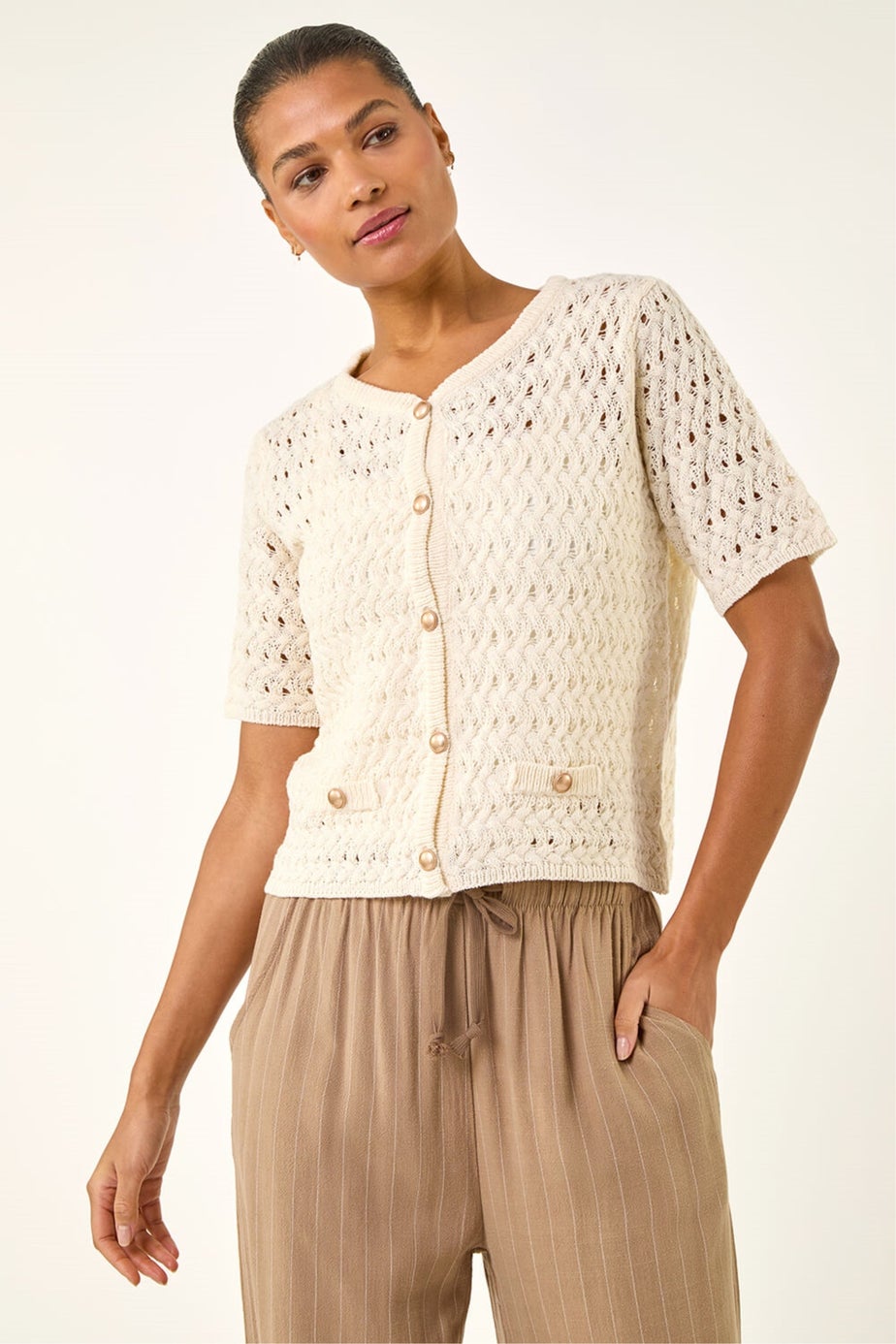 Roman Ivory Pointelle V-Neck Knit Cardigan