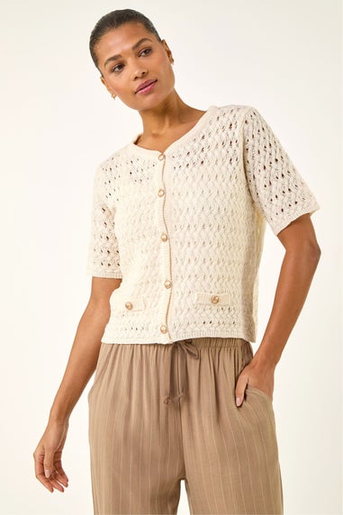 Roman Ivory Pointelle V-Neck Knit Cardigan