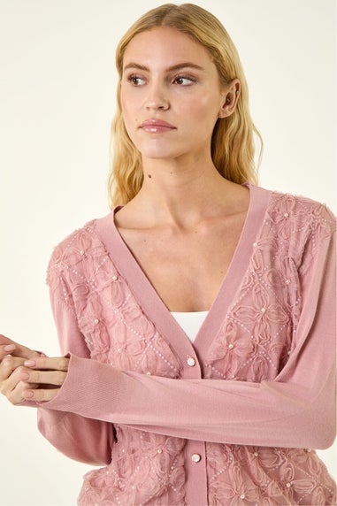 Roman Pink Floral Button V-Neck Knit Cardigan