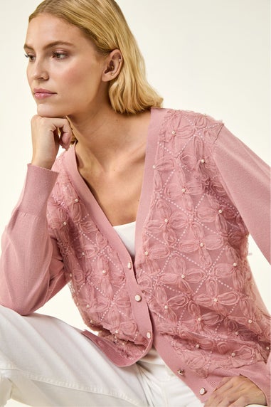 Roman Pink Floral Button V-Neck Knit Cardigan