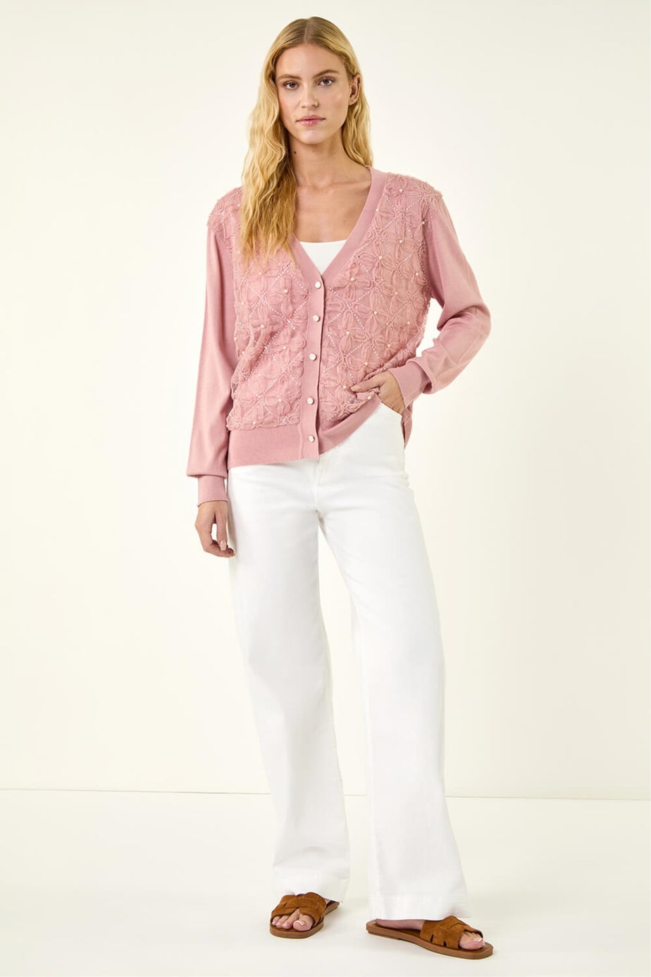 Roman Pink Floral Button V-Neck Knit Cardigan