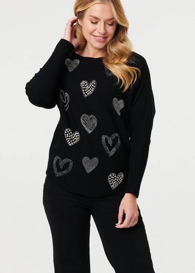 Izabel London Black Sparkly Heart Print Long Sleeve Jumper
