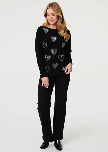Izabel London Black Sparkly Heart Print Long Sleeve Jumper