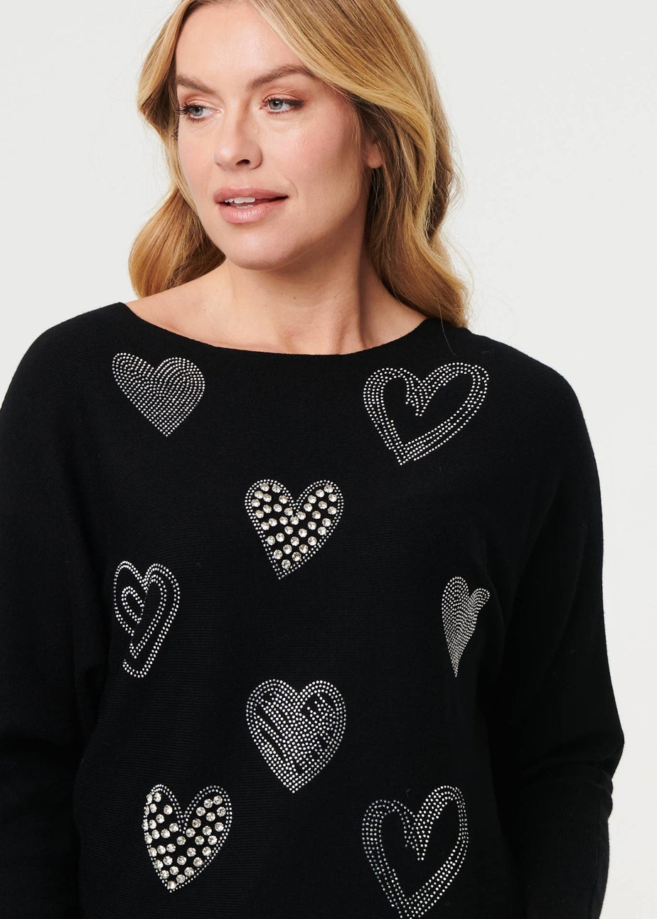Izabel London Black Sparkly Heart Print Long Sleeve Jumper