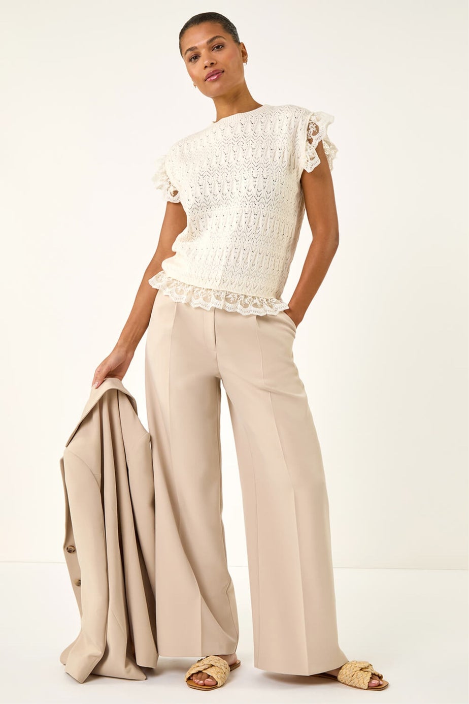 Roman Cream Frill Lace Knitted Top