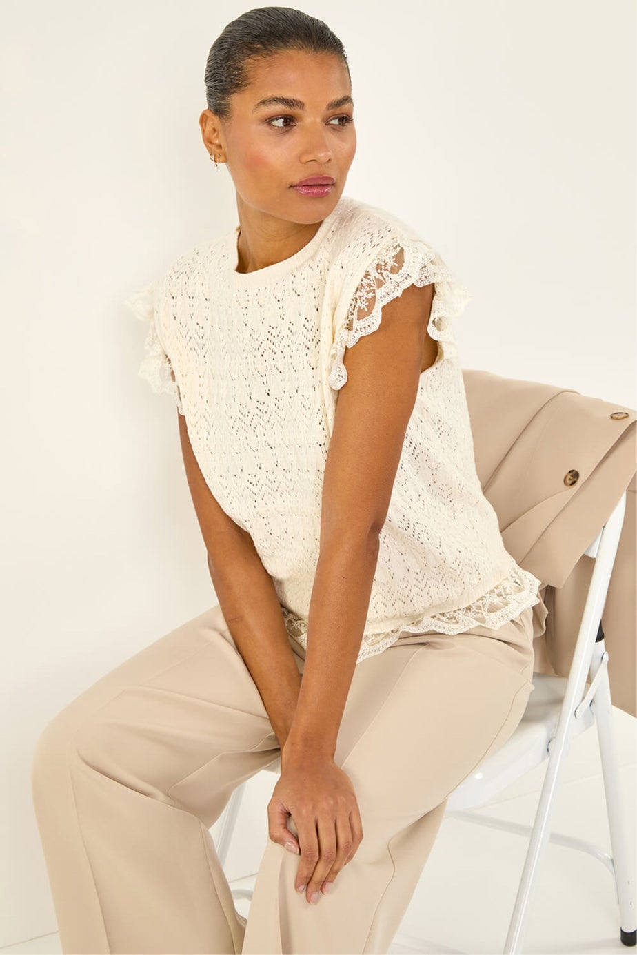 Roman Cream Frill Lace Knitted Top
