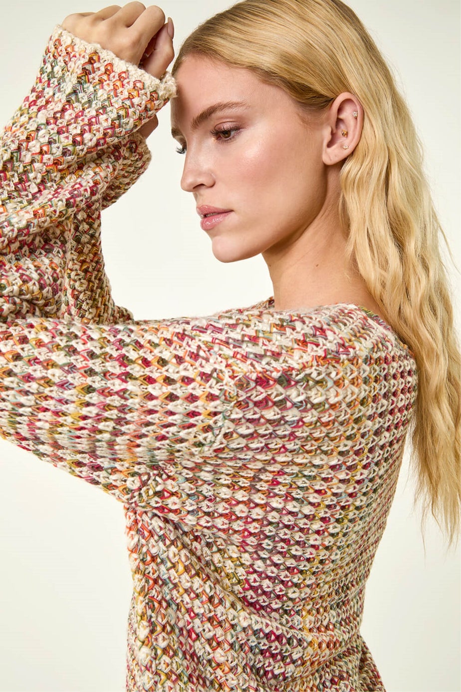 Roman Pink Crochet Detail Hooded Knit Jumper