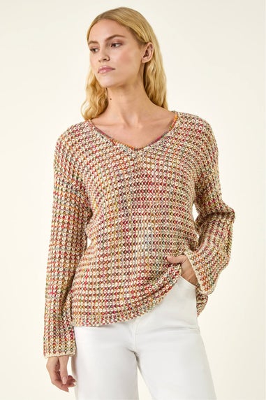 Roman Pink Crochet Detail Hooded Knit Jumper