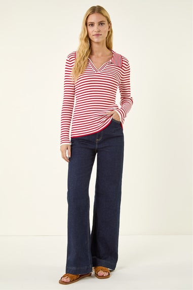 Roman Red Stripe Collar Peplum Knit Top