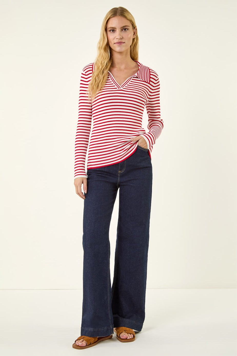 Roman Red Stripe Collar Peplum Knit Top