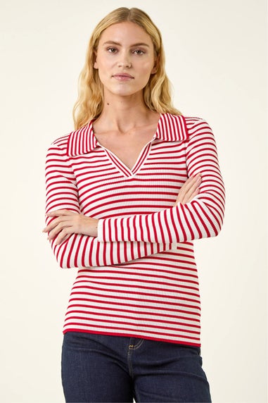 Roman Red Stripe Collar Peplum Knit Top