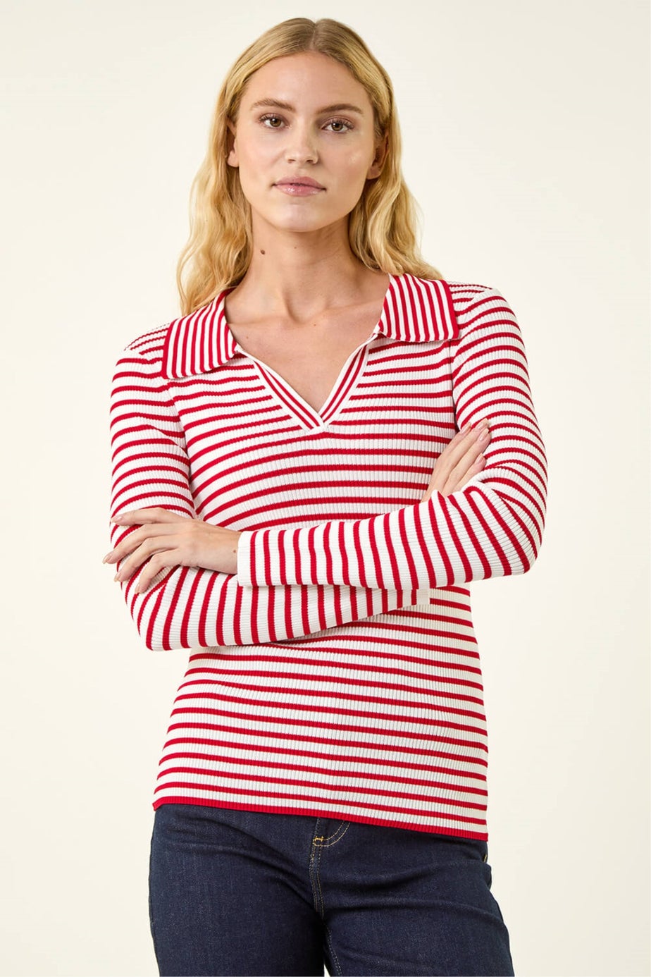 Roman Red Stripe Collar Peplum Knit Top
