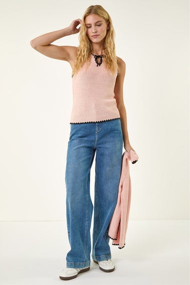 Roman Light Pink Sequin Tie Front Knit Vest