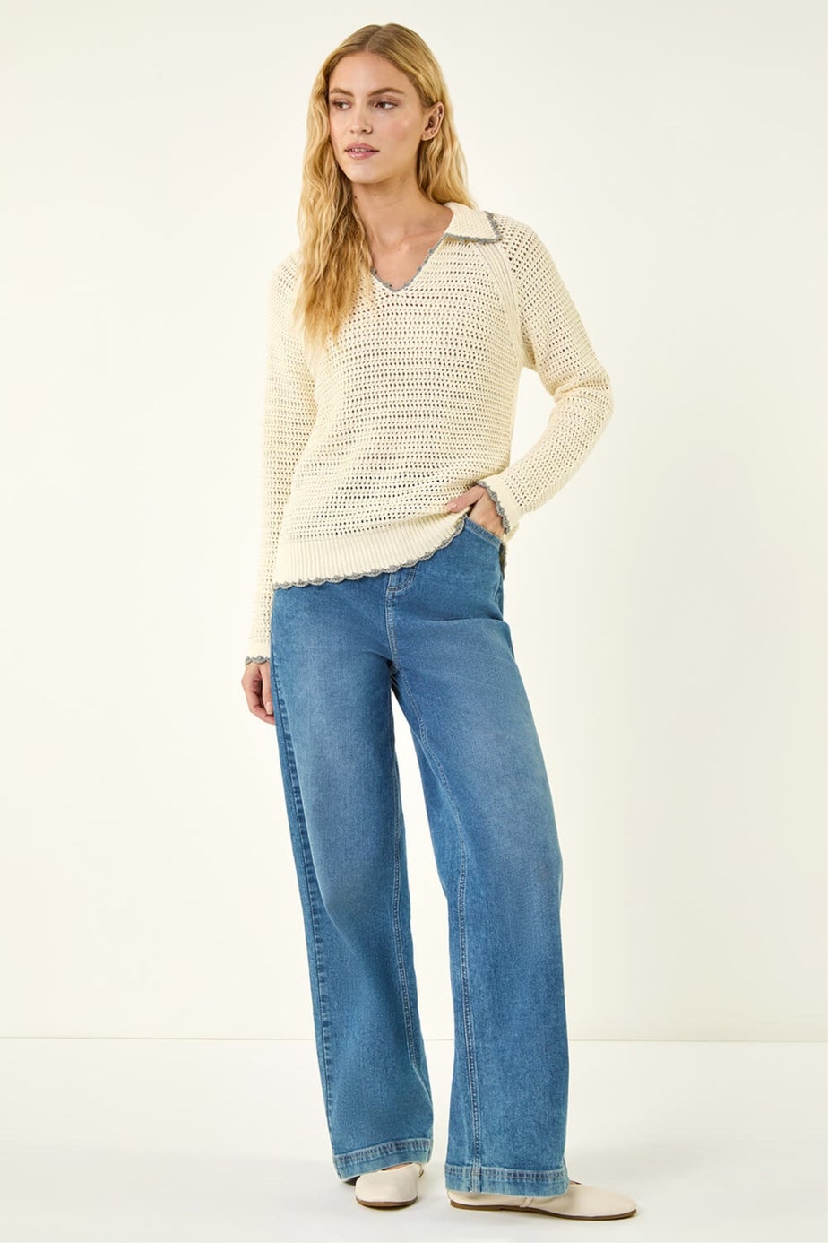 Roman Ivory Collar Crochet Knit Jumper