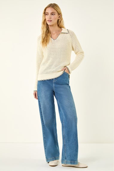 Roman Ivory Collar Crochet Knit Jumper
