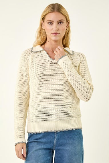 Roman Ivory Collar Crochet Knit Jumper